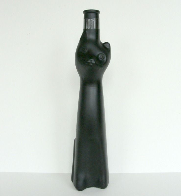 Frosted Happy Black Cat Figural Glass Wine Bottle Flask Germany